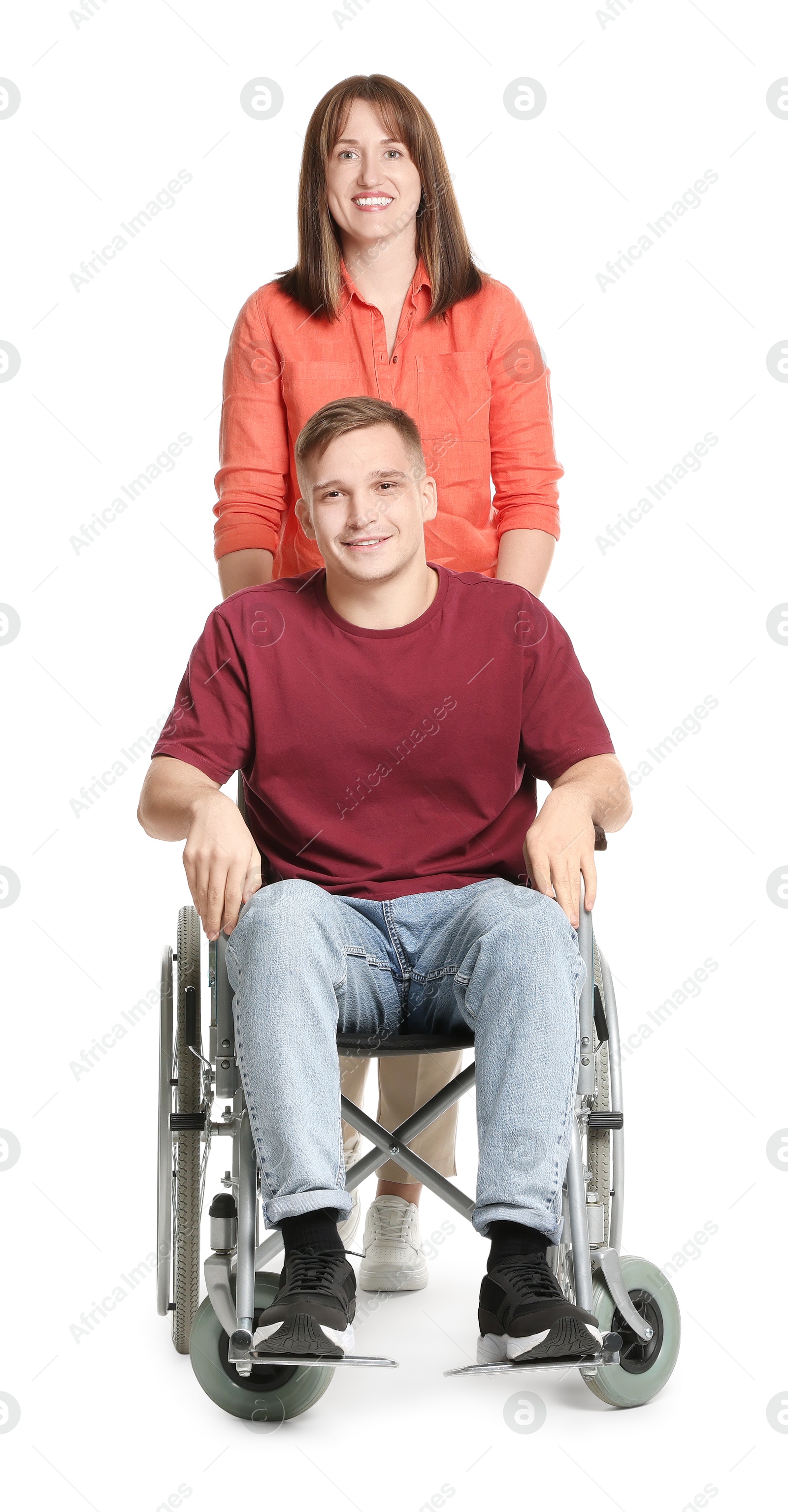 Photo of Caregiver with man in wheelchair on white background