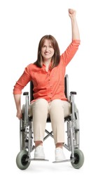 Photo of Smiling woman in wheelchair on white background