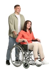 Photo of Caregiver with woman in wheelchair on white background