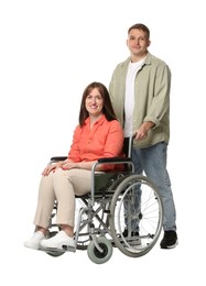 Photo of Caregiver with woman in wheelchair on white background