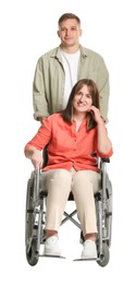 Photo of Caregiver with woman in wheelchair on white background