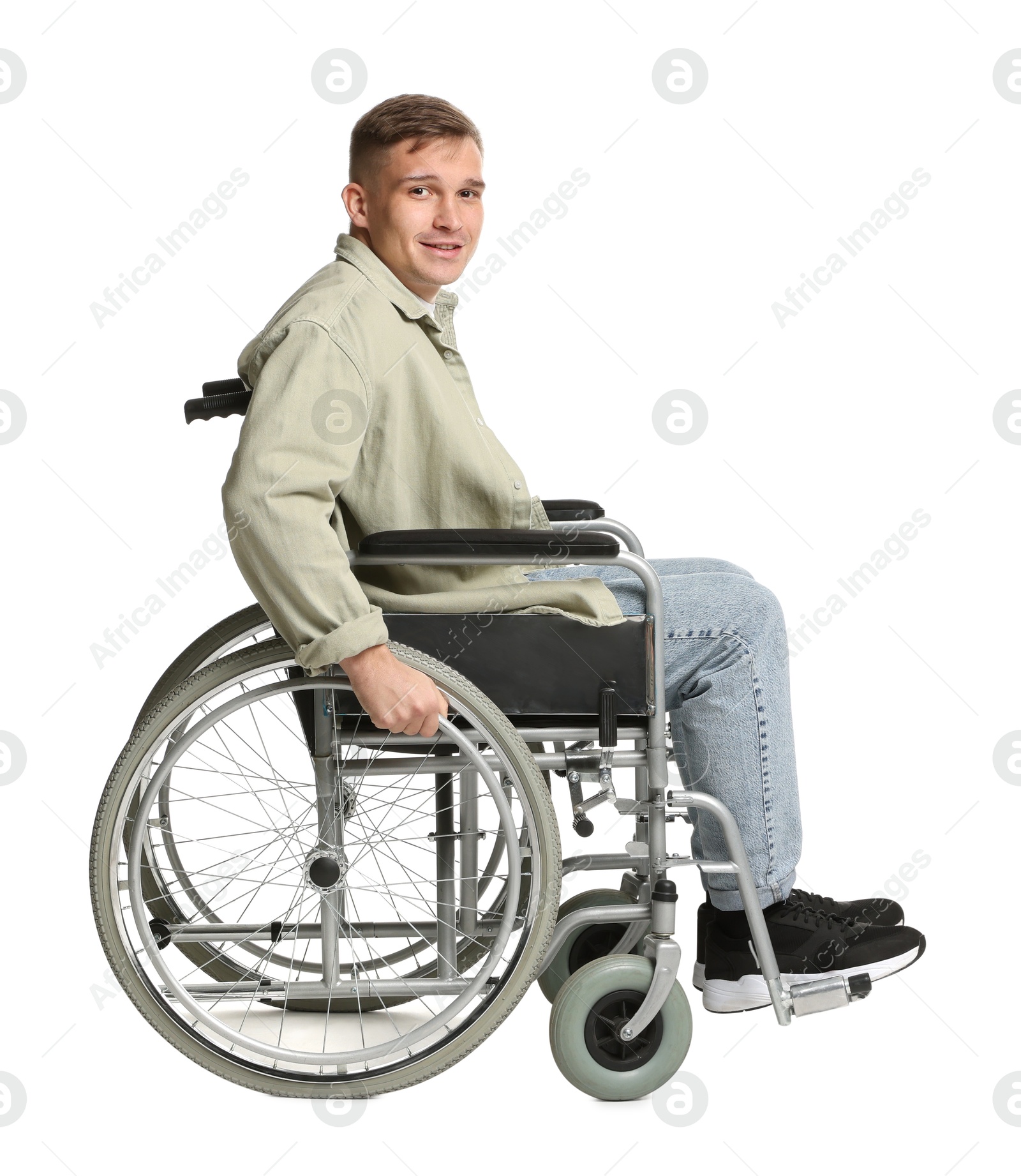 Photo of Smiling man in wheelchair on white background