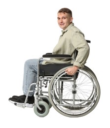 Photo of Smiling man in wheelchair on white background