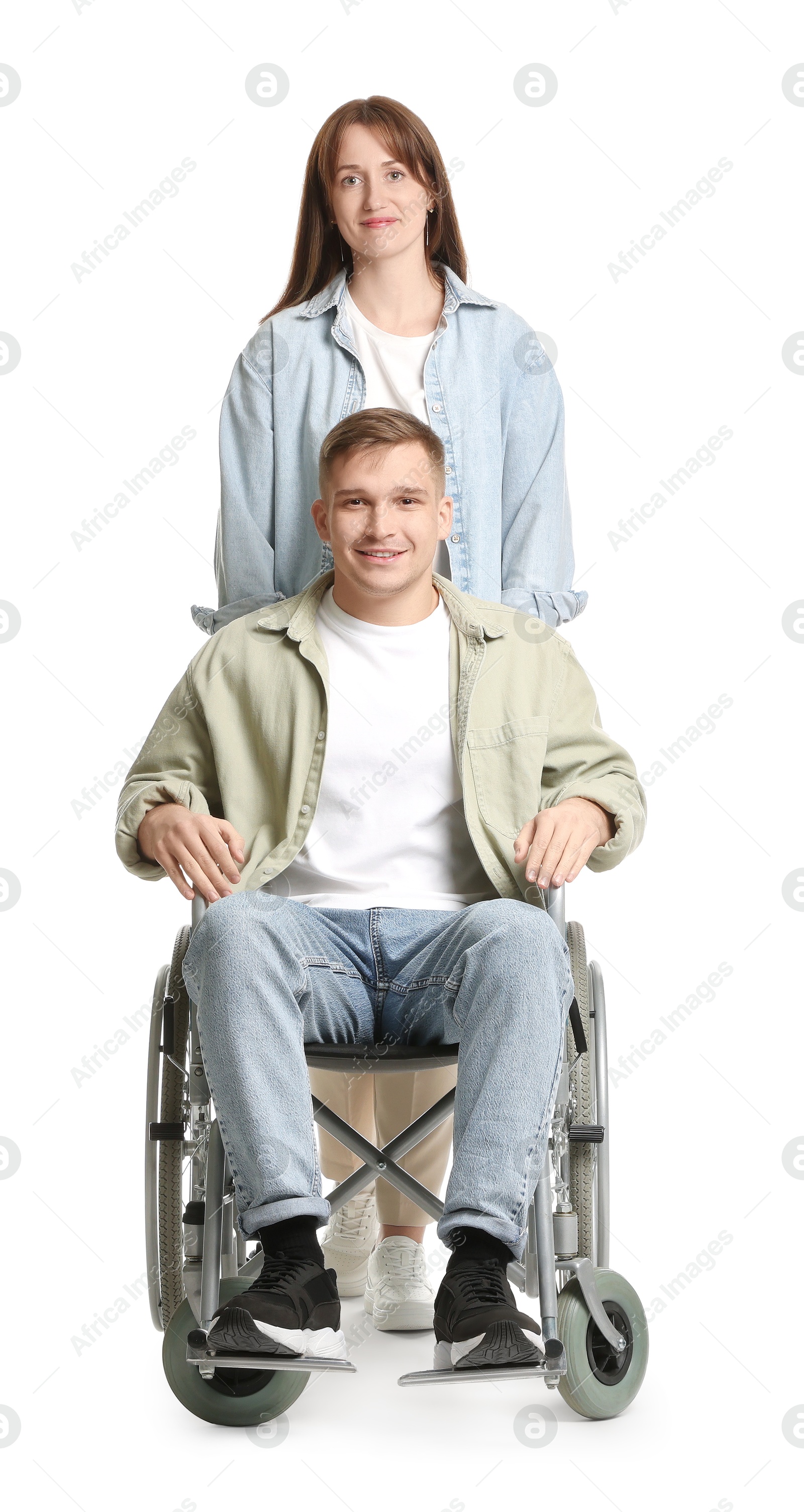 Photo of Caregiver with man in wheelchair on white background