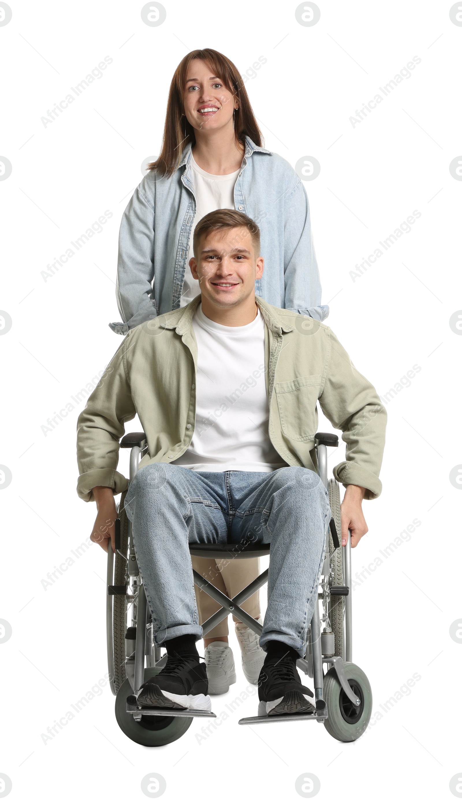 Photo of Caregiver with man in wheelchair on white background