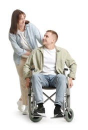 Photo of Caregiver with man in wheelchair on white background