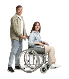 Photo of Caregiver with woman in wheelchair on white background