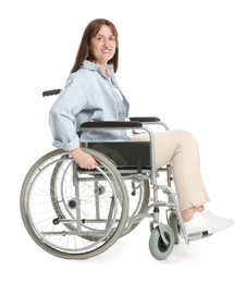 Photo of Smiling woman in wheelchair on white background