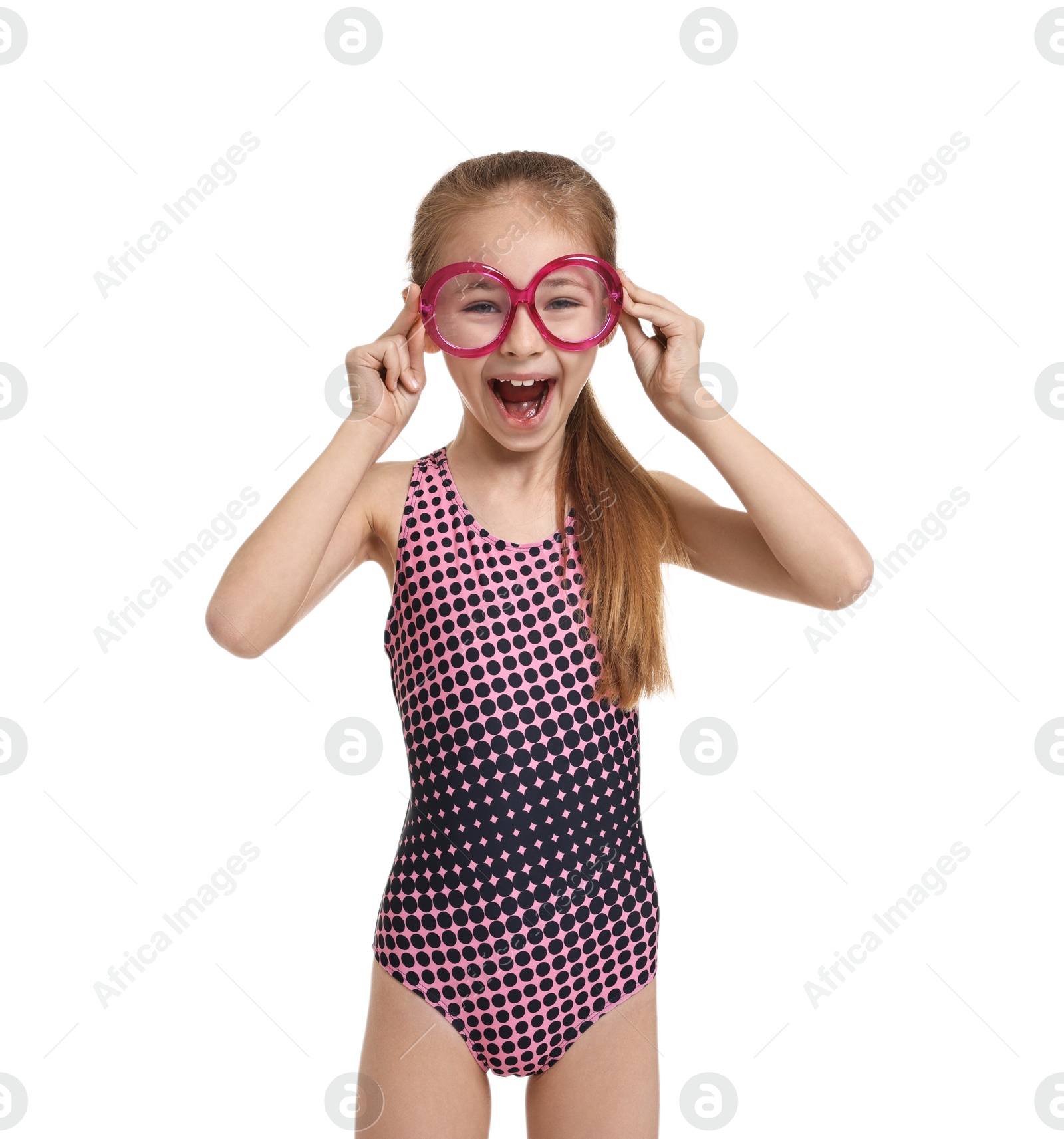 Photo of Happy girl in beachwear and glasses on white background