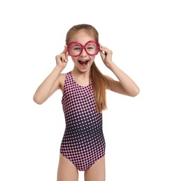 Photo of Happy girl in beachwear and glasses on white background