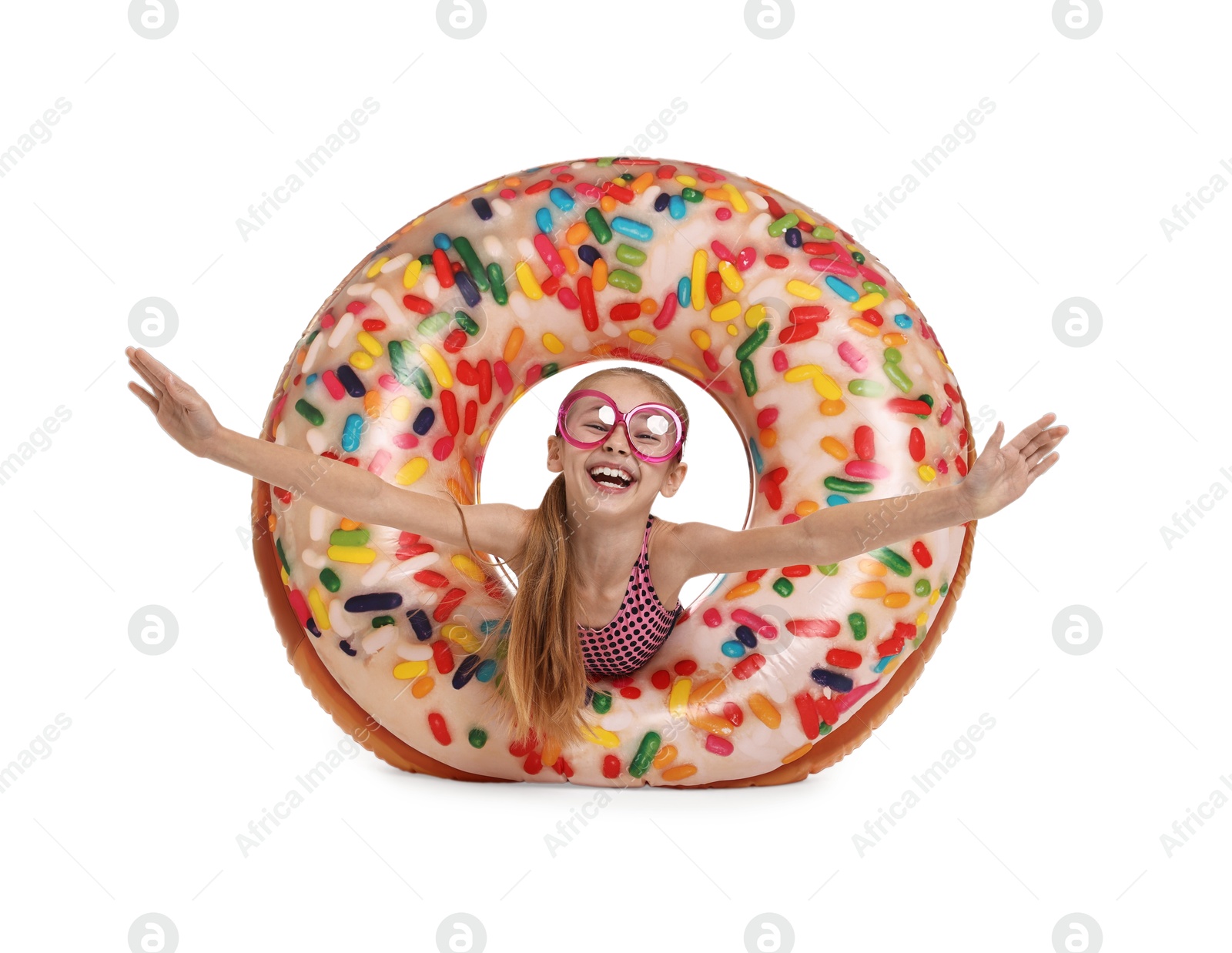 Photo of Happy girl in beachwear with inflatable ring on white background