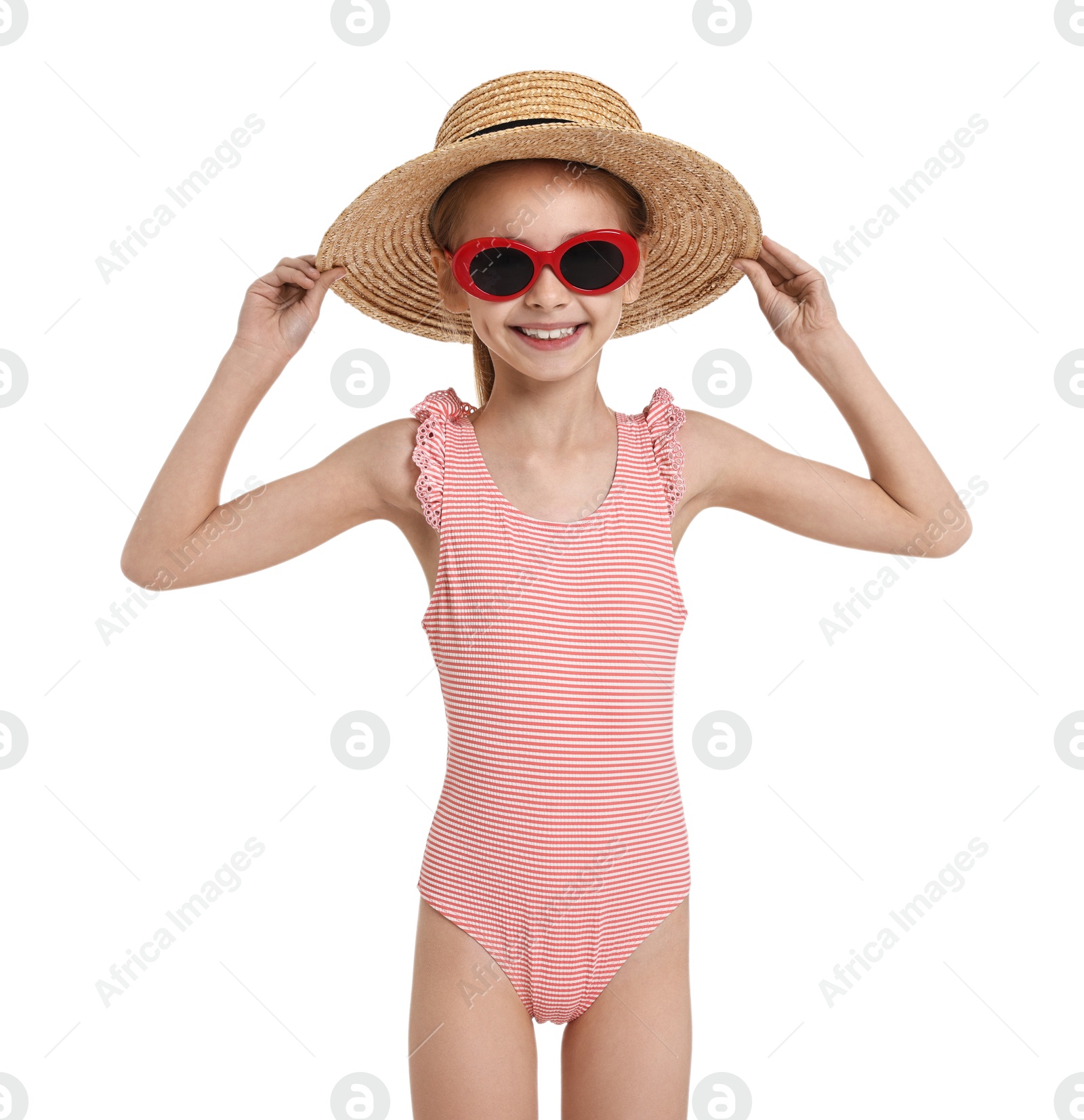 Photo of Happy girl in beachwear on white background