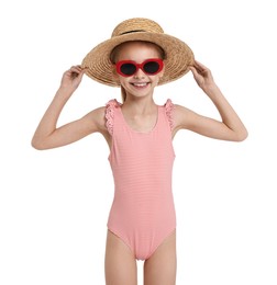 Photo of Happy girl in beachwear on white background