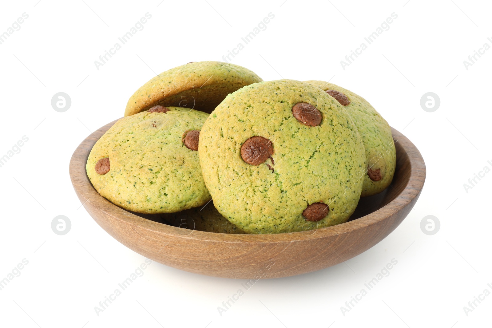 Photo of Delicious mint chocolate chip cookies in bowl isolated on white