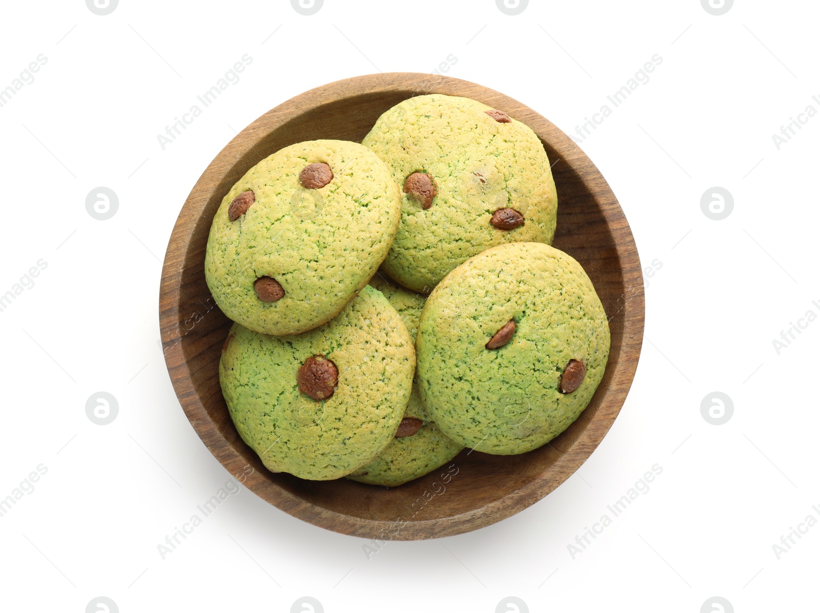 Photo of Delicious mint chocolate chip cookies in bowl isolated on white, top view