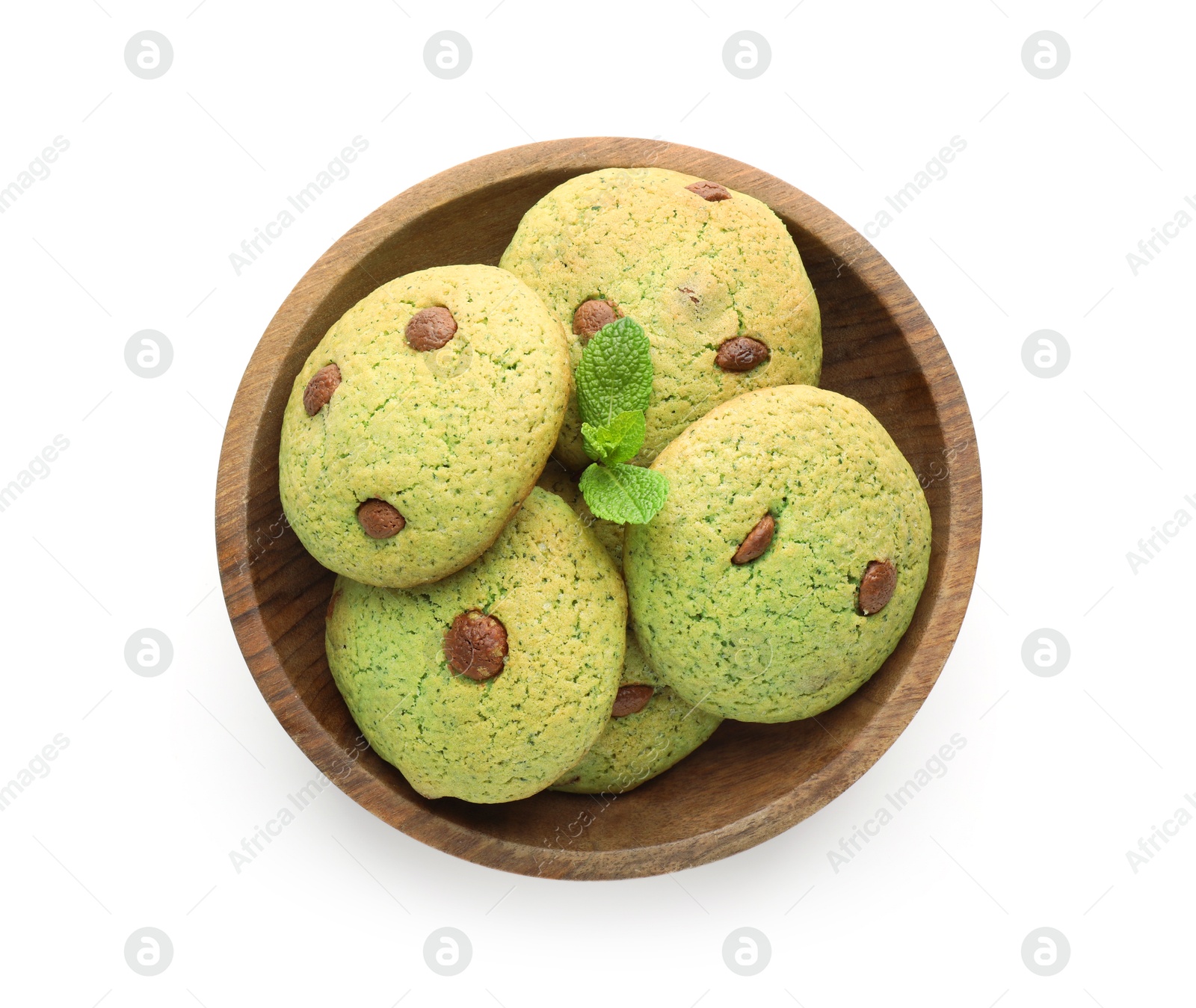 Photo of Delicious mint chocolate chip cookies in bowl isolated on white, top view