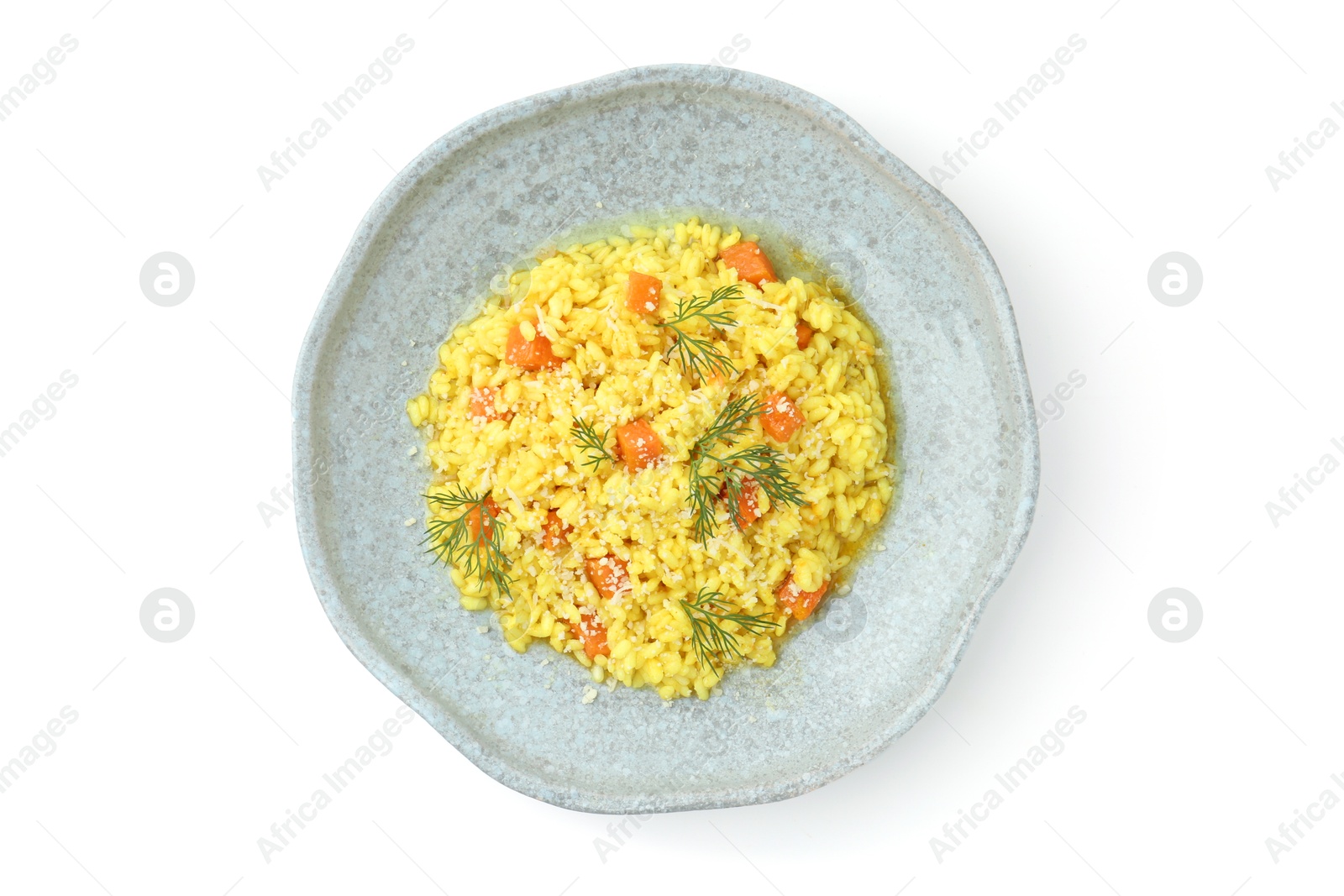 Photo of Delicious pumpkin risotto isolated on white, top view