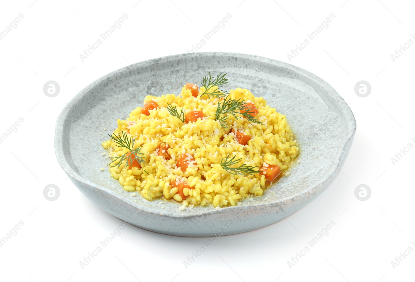 Photo of Delicious pumpkin risotto with dill isolated on white