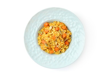 Photo of Delicious pumpkin risotto in bowl isolated on white, top view