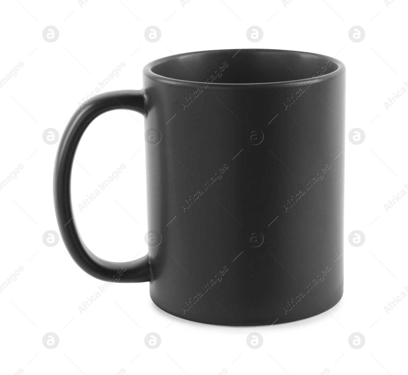 Photo of One blank black ceramic mug isolated on white. Mockup for design