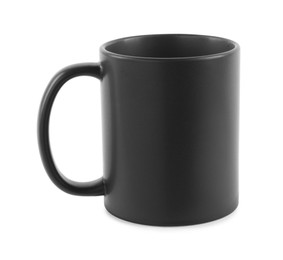 Photo of One blank black ceramic mug isolated on white. Mockup for design