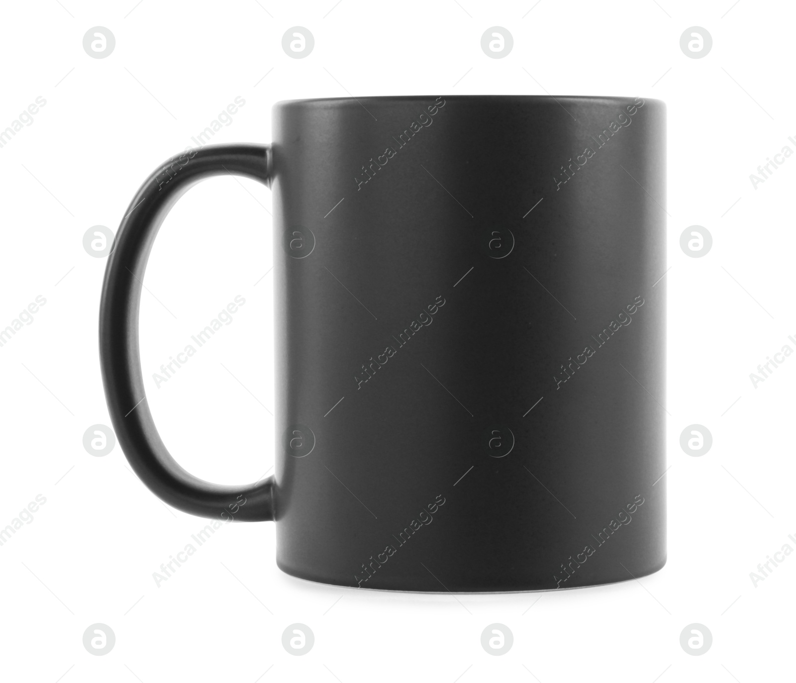 Photo of One blank black ceramic mug isolated on white. Mockup for design