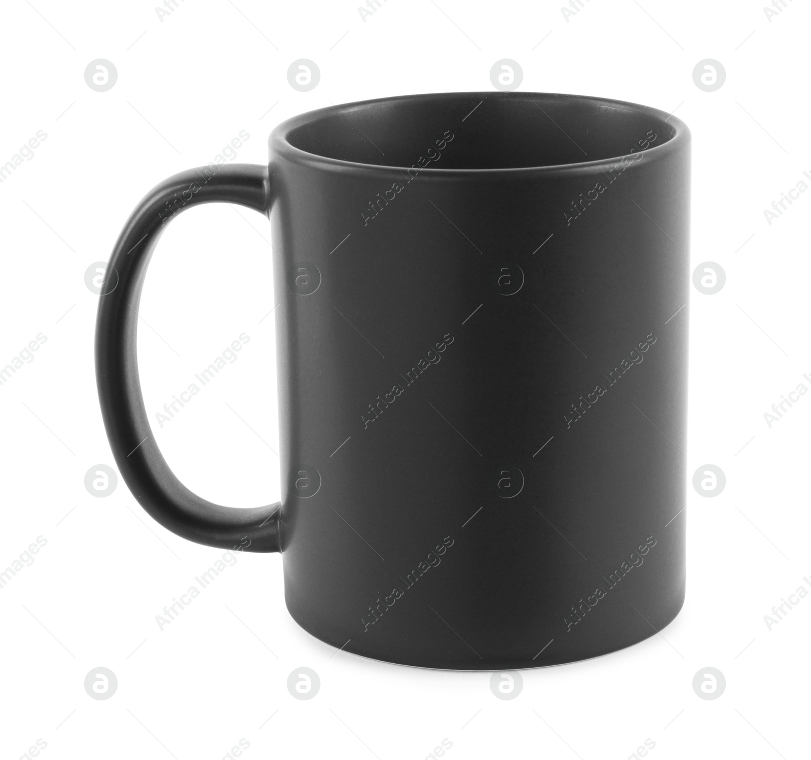 Photo of One blank black ceramic mug isolated on white. Mockup for design