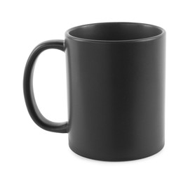 Photo of One blank black ceramic mug isolated on white. Mockup for design