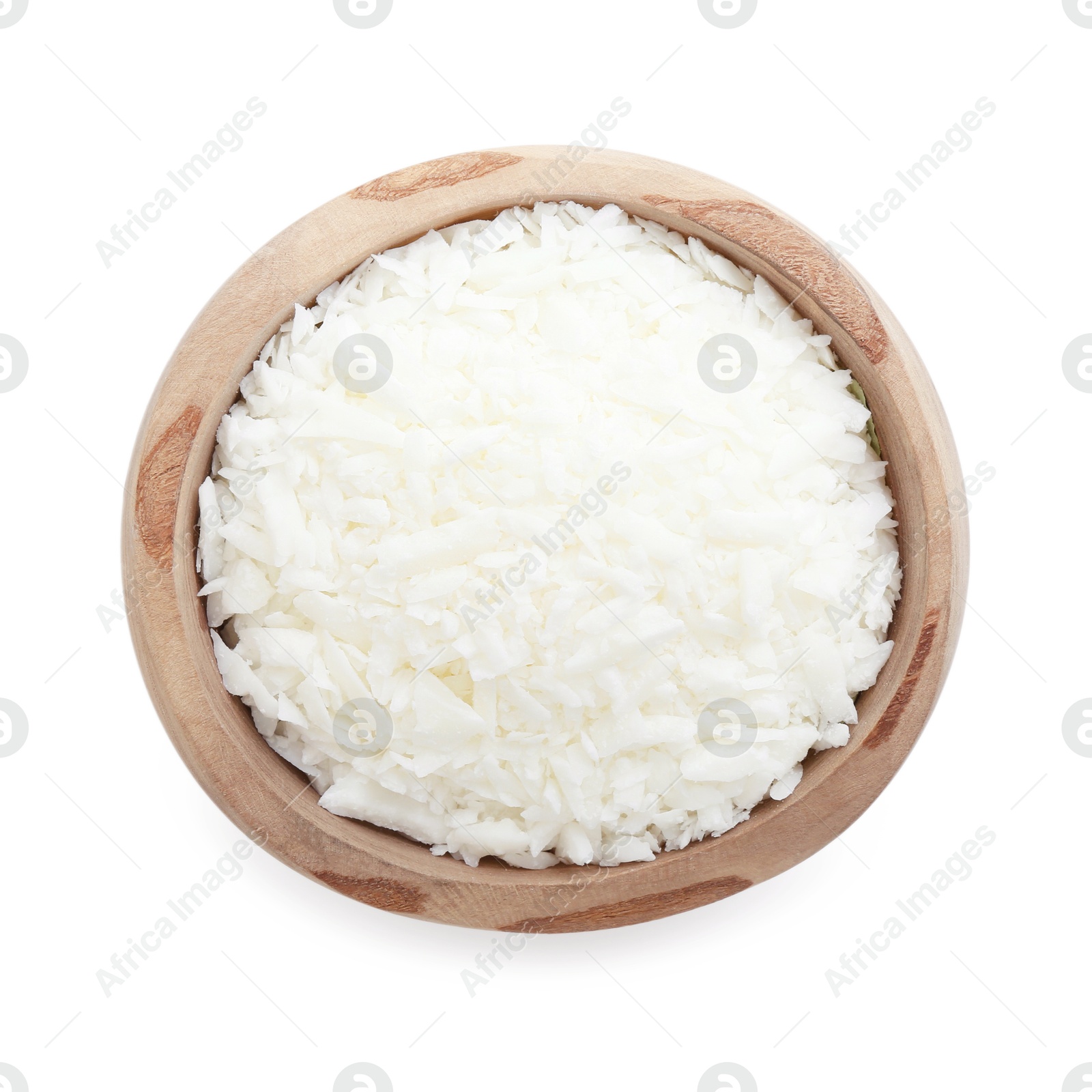 Photo of Soy wax in bowl isolated on white, top view