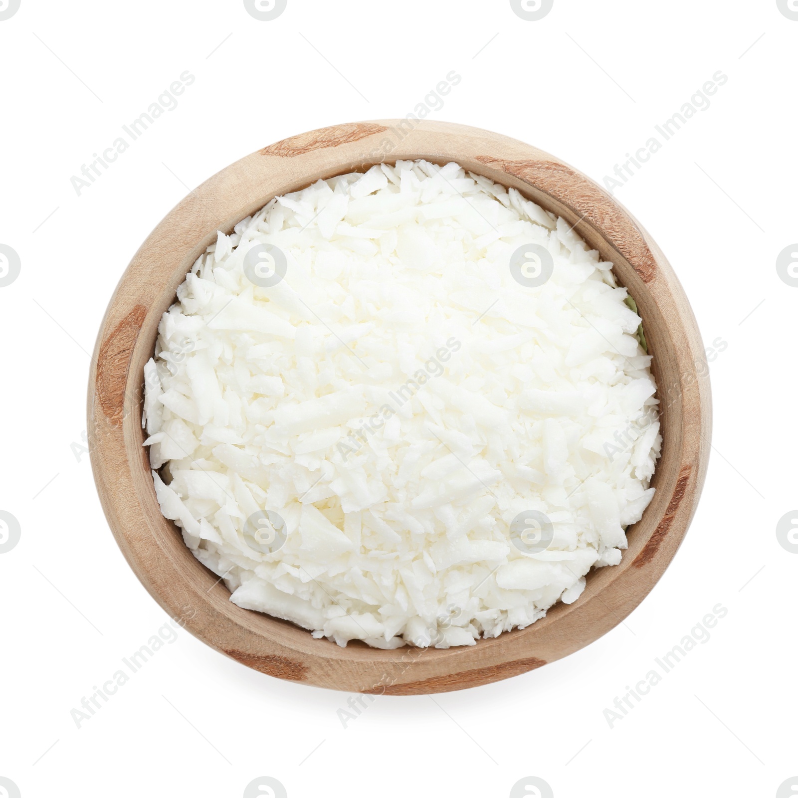 Photo of Soy wax in bowl isolated on white, top view