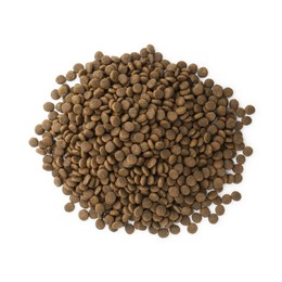 Photo of Pile of pet food isolated on white, top view