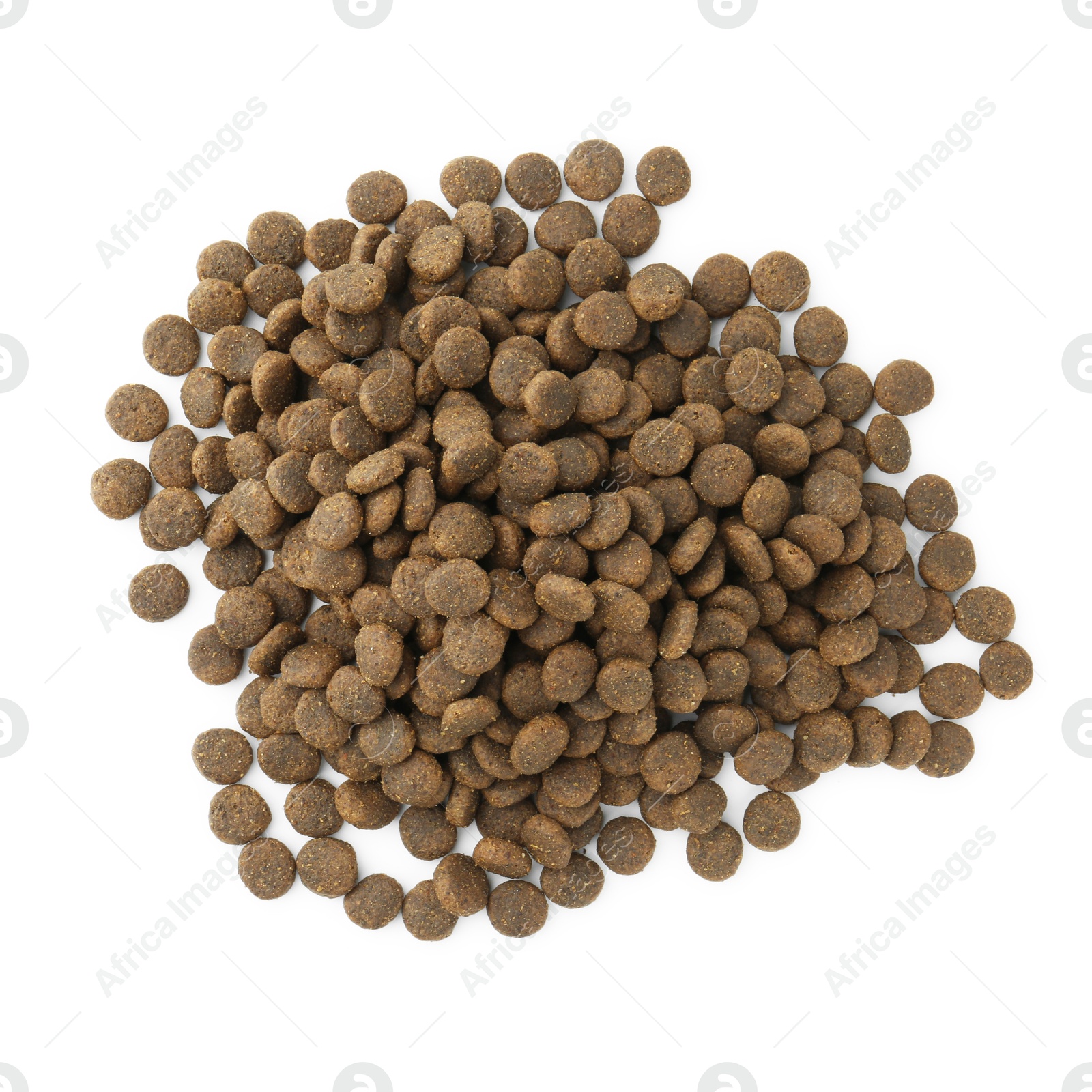 Photo of Pile of pet food isolated on white, top view