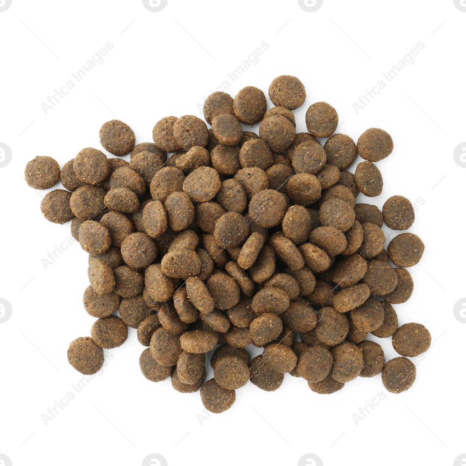 Photo of Pile of pet food isolated on white, top view