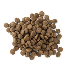 Photo of Pile of pet food isolated on white, top view