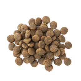 Photo of Pile of pet food isolated on white, top view