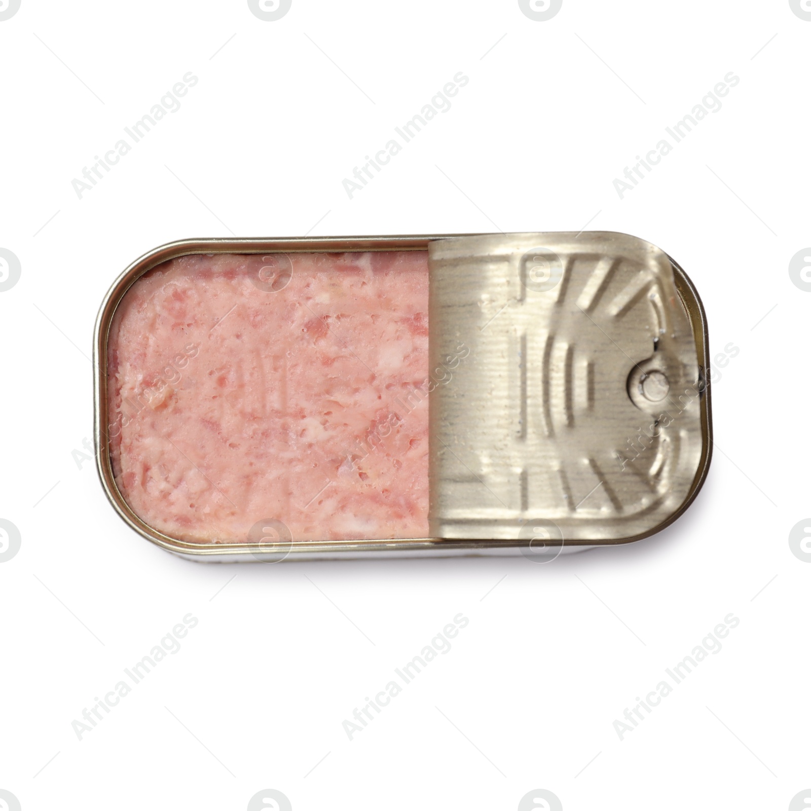 Photo of Canned meat in tin can isolated on white, top view