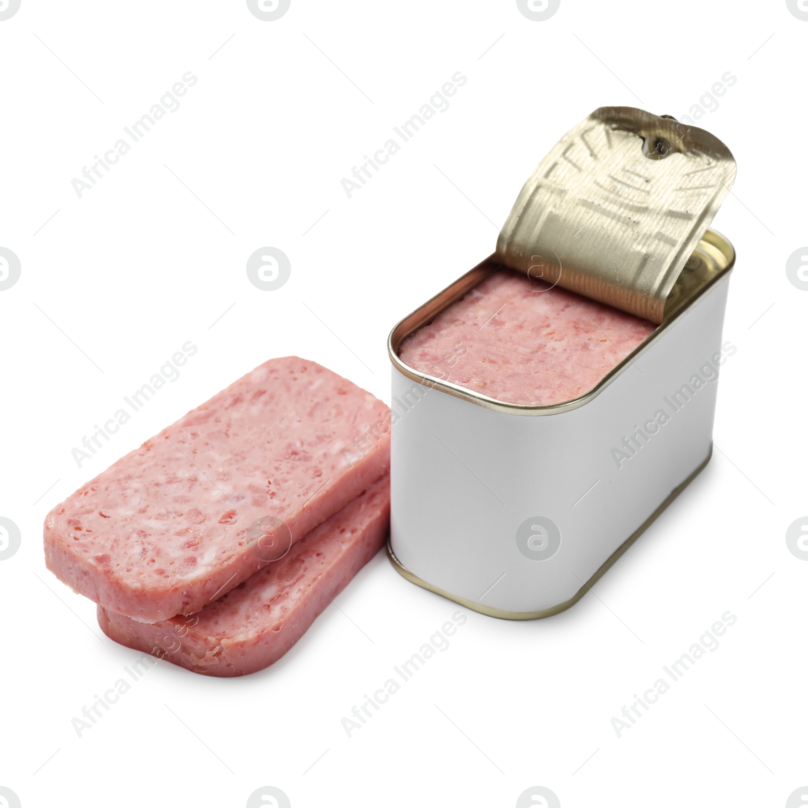 Photo of Canned meat in tin can isolated on white