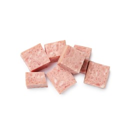 Photo of Pieces of canned meat isolated on white, top view