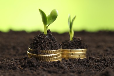 Photo of Stacks of coins with green plants on soil against blurred background, closeup. Money growth concept