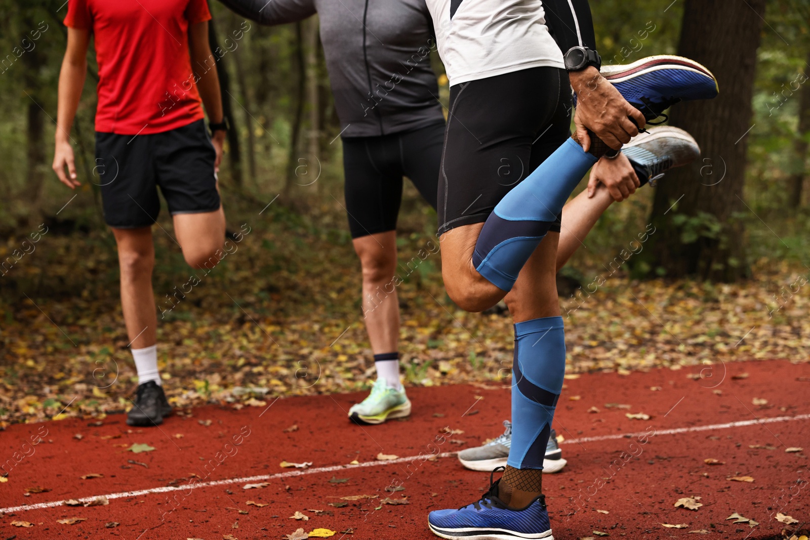 Photo of Group of people stretching in park, closeup