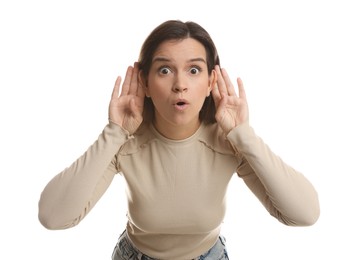 Photo of Woman showing hand to ear gesture on white background