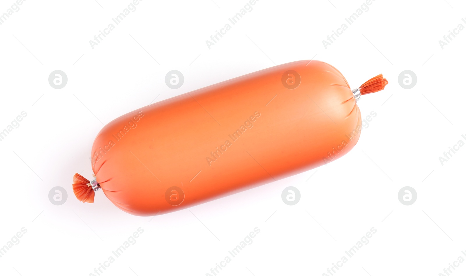 Photo of One tasty boiled sausage isolated on white, top view