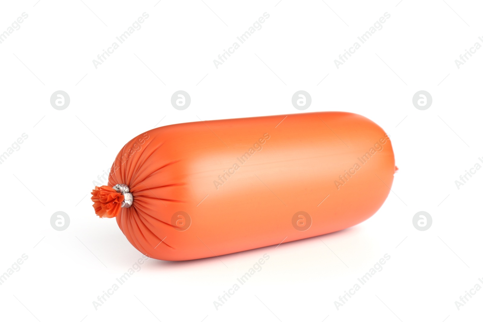 Photo of One tasty boiled sausage isolated on white