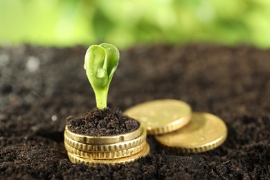 Photo of Coins with green plant on soil against blurred background, closeup. Money growth concept