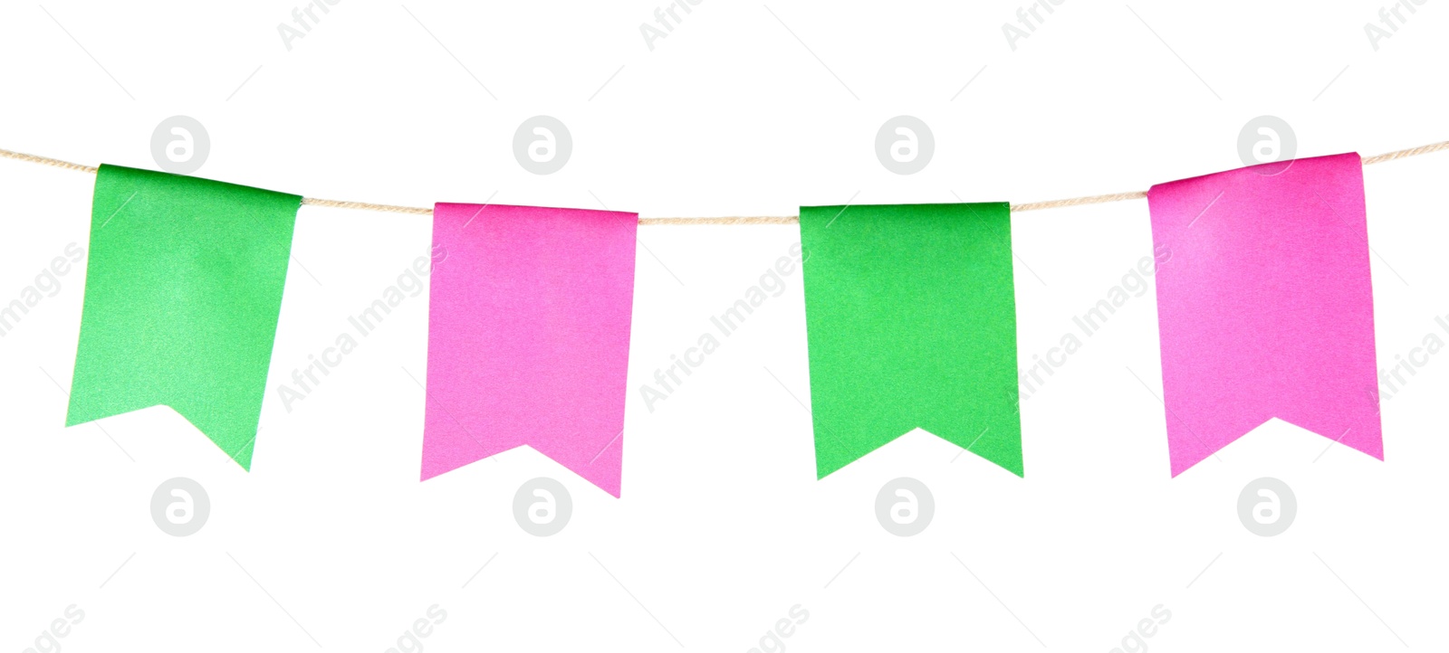 Photo of Colorful party flags isolated on white. Festive decor