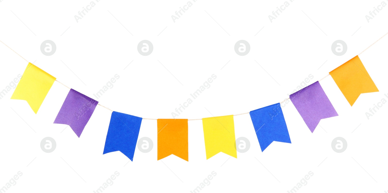 Photo of Colorful party flags isolated on white. Festive decor