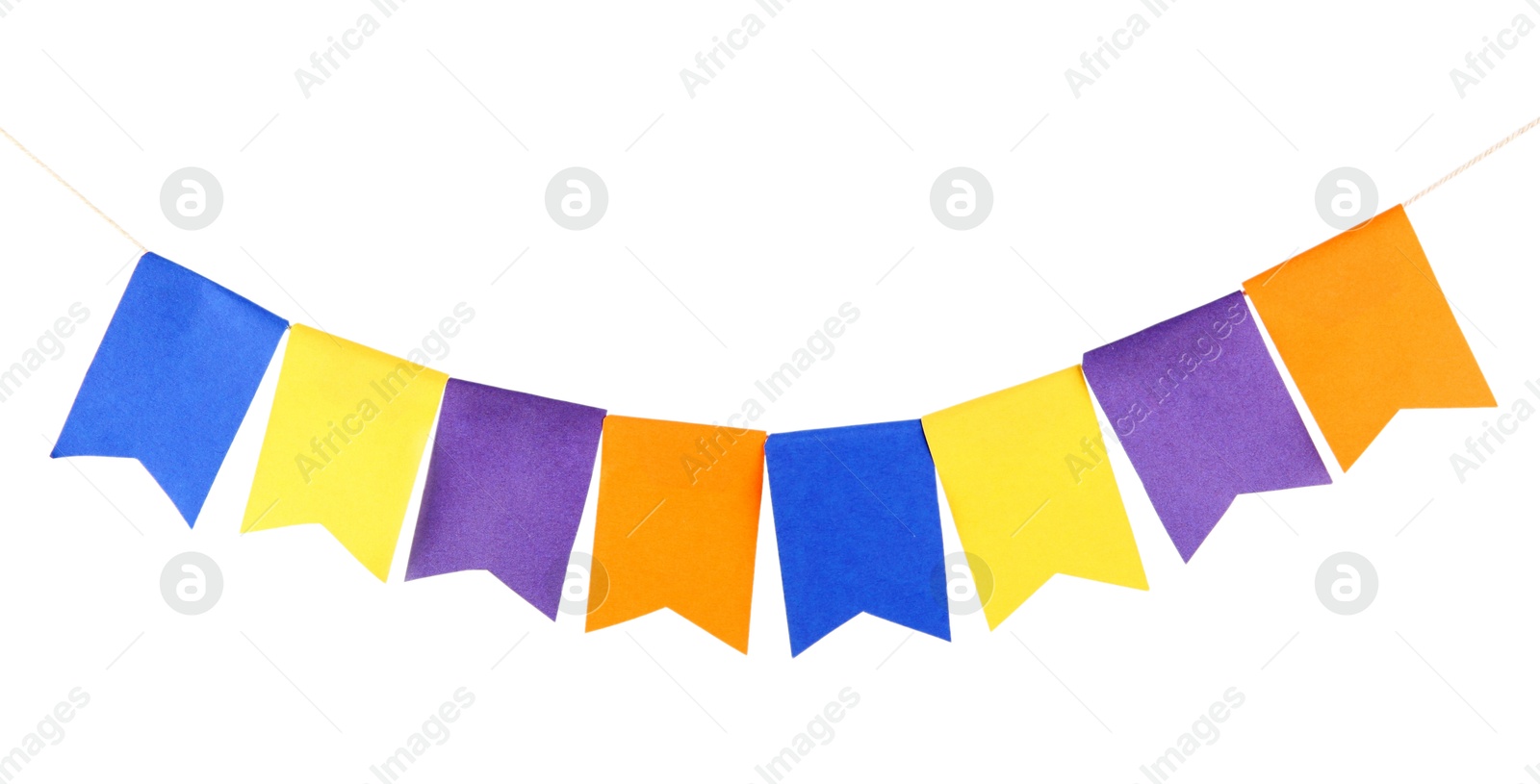 Photo of Colorful party flags isolated on white. Festive decor