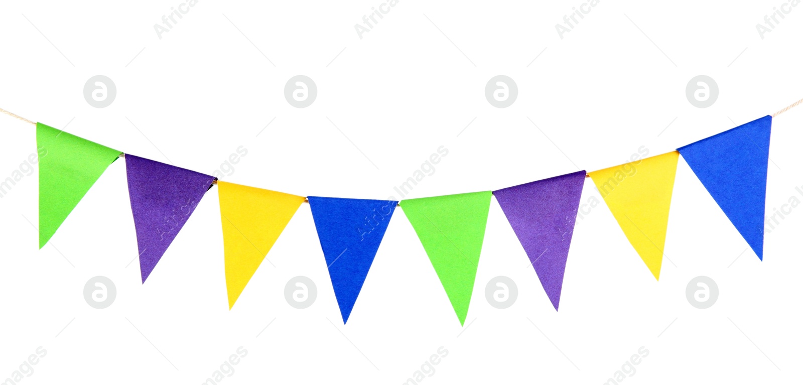 Photo of Colorful party flags isolated on white. Festive decor