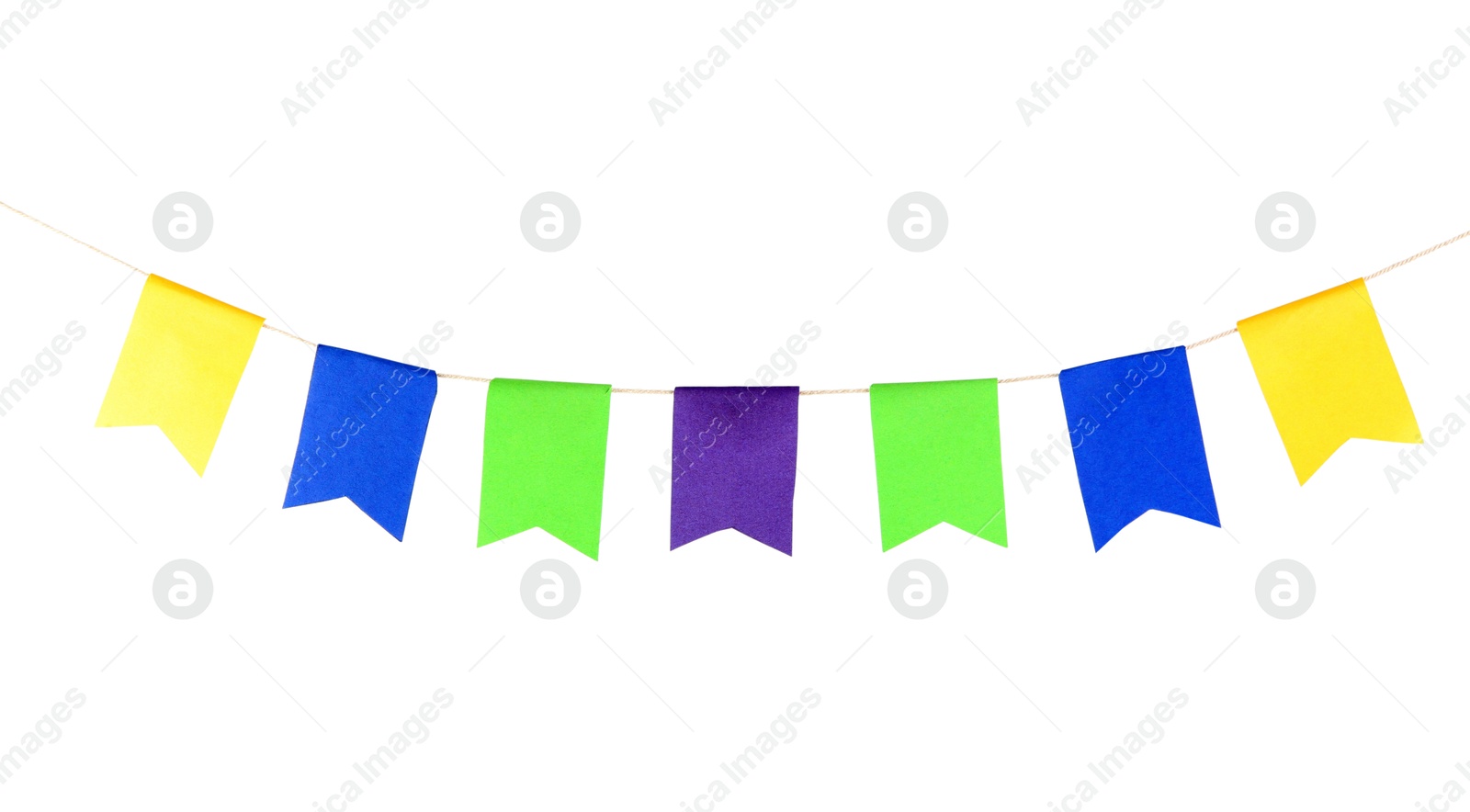 Photo of Colorful party flags isolated on white. Festive decor