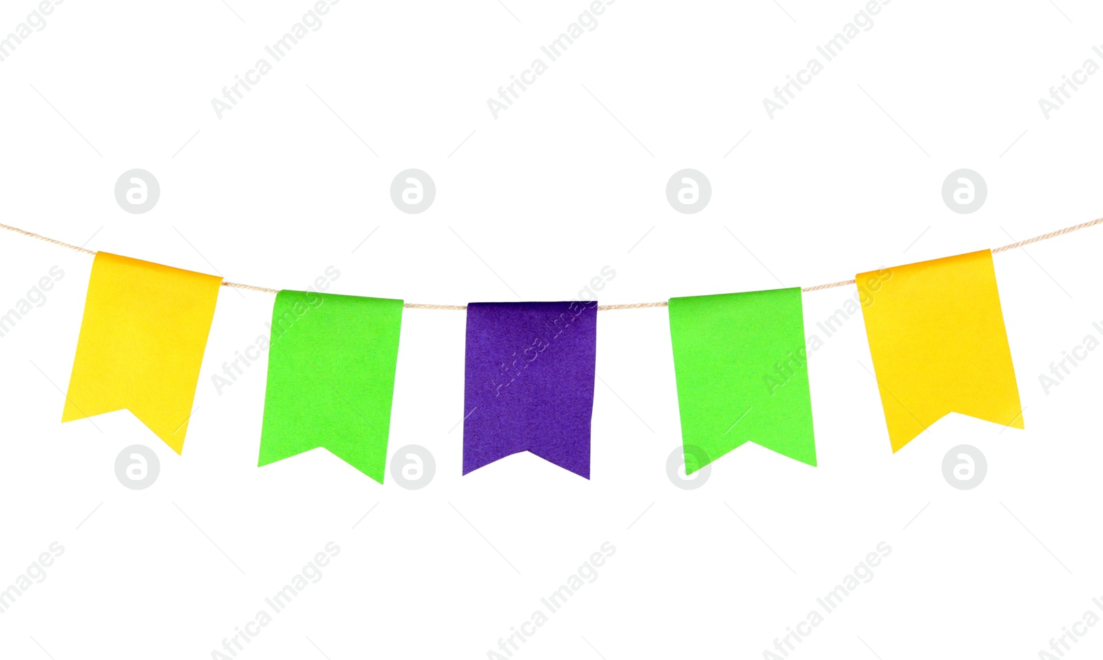 Photo of Colorful party flags isolated on white. Festive decor